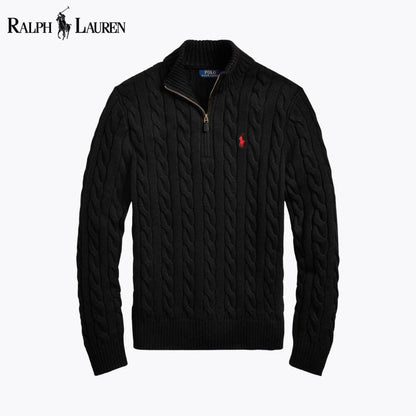 𝑅𝐿 Grobstrick-Baumwollpullover mit Viertelreißverschluss