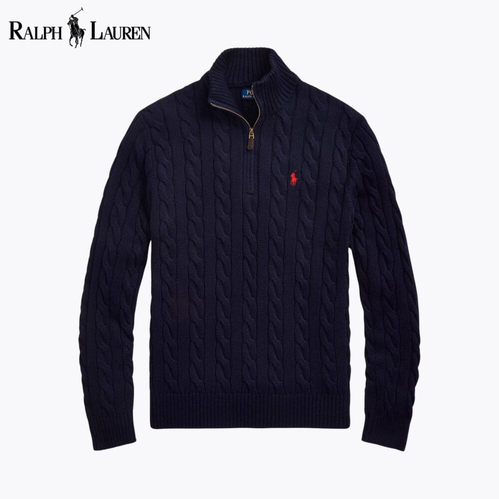 𝑅𝐿 Grobstrick-Baumwollpullover mit Viertelreißverschluss