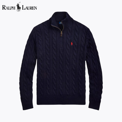 𝑅𝐿 Grobstrick-Baumwollpullover mit Viertelreißverschluss
