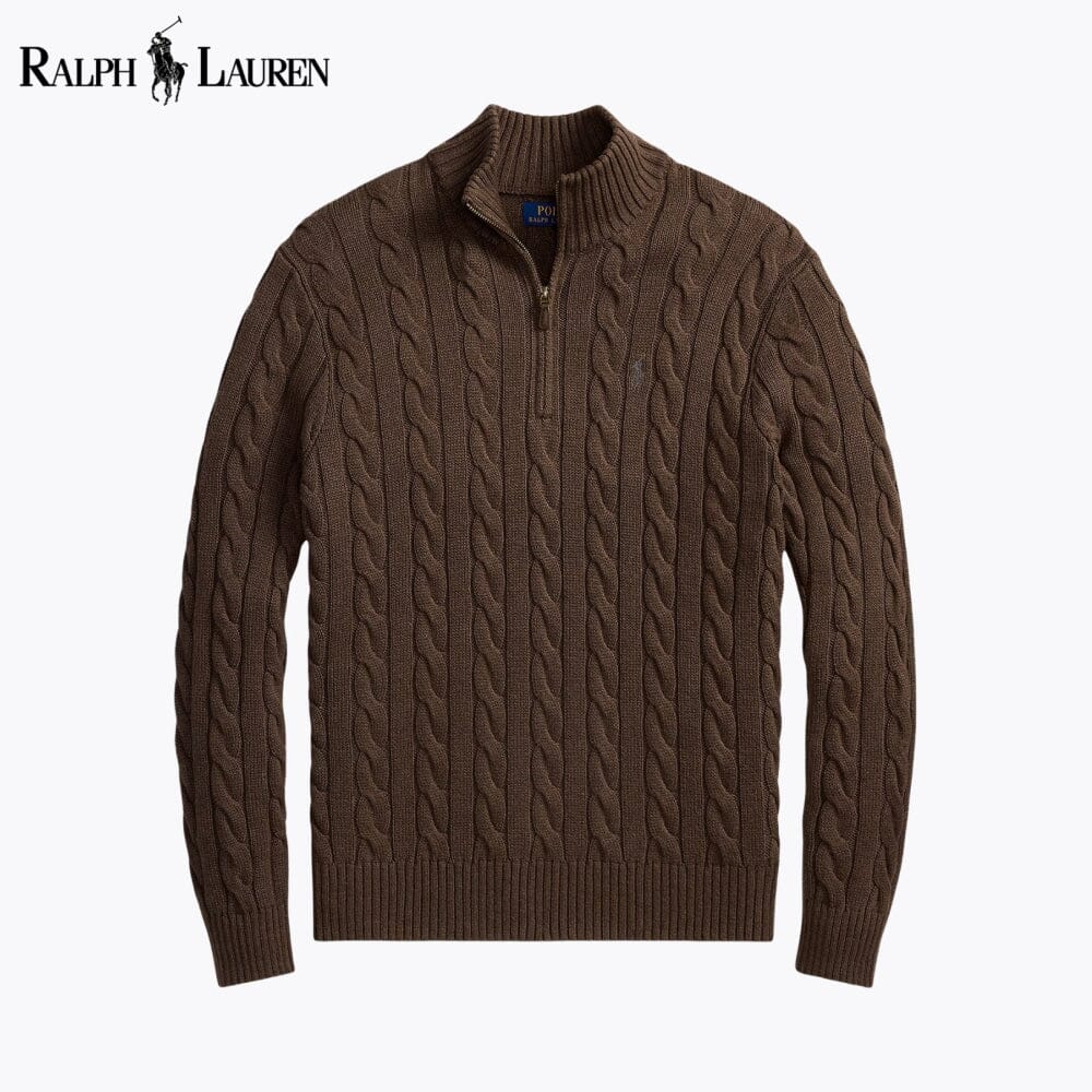 𝑅𝐿 Grobstrick-Baumwollpullover mit Viertelreißverschluss