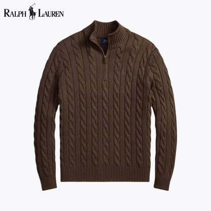 𝑅𝐿 Grobstrick-Baumwollpullover mit Viertelreißverschluss