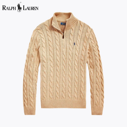 𝑅𝐿 Grobstrick-Baumwollpullover mit Viertelreißverschluss