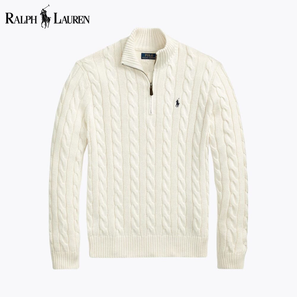 𝑅𝐿 Grobstrick-Baumwollpullover mit Viertelreißverschluss
