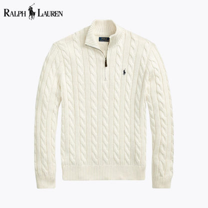 𝑅𝐿 Grobstrick-Baumwollpullover mit Viertelreißverschluss