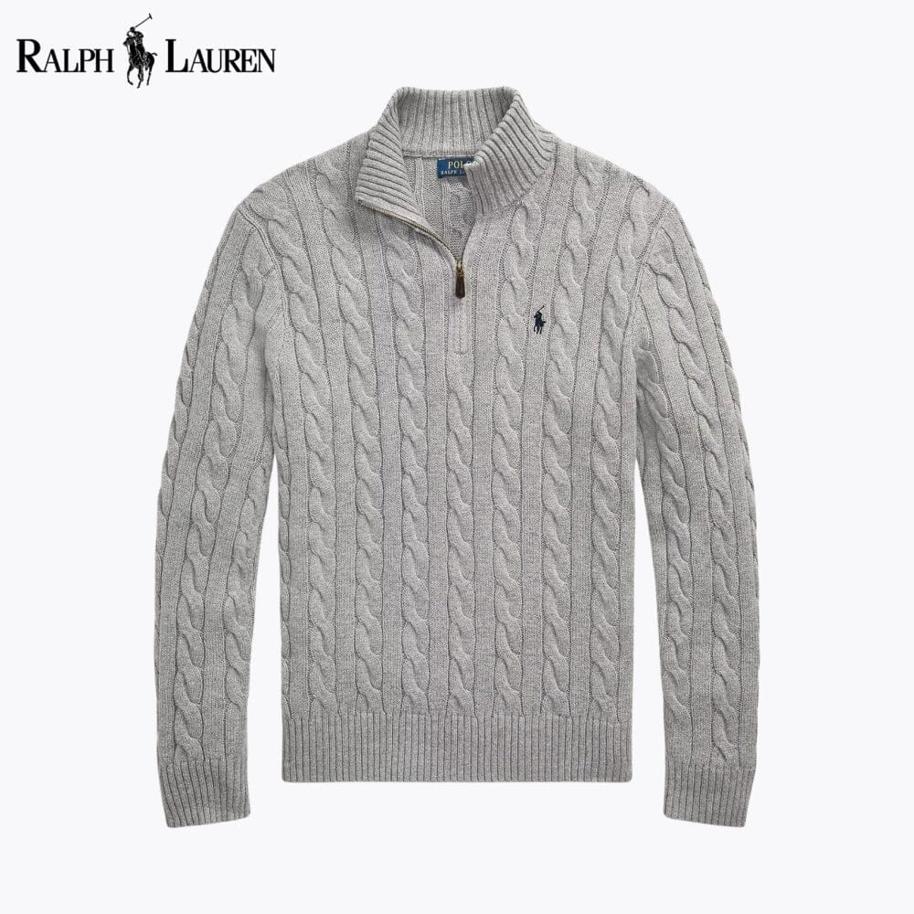 𝑅𝐿 Grobstrick-Baumwollpullover mit Viertelreißverschluss